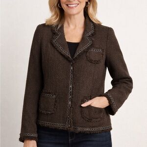 Dialogue Wool Blend Fringe Trim Blazer Jacket Womens 16 Brown Tweed Style Office